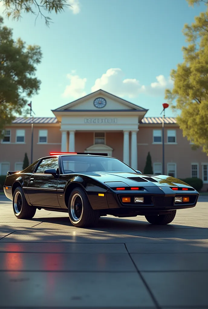 Picture of KITT from Knight Rider scanning a school building 
