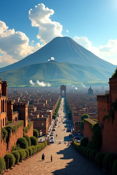 "A breathtaking view of Mount Vesuvius towering over ancient Pompeii, 79 A.D. The volcano stands majestic under a bright blue sky, with lush green slopes and rocky peaks. Wisps of smoke subtly rise from the crater, an ominous sign of the impending eruption...