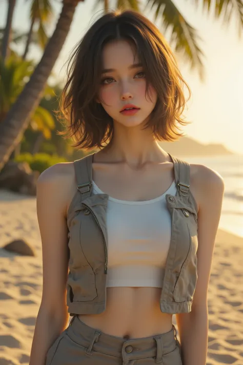  ultra-high definition 8K photo of a Japanese gravure model ，shoulder-length wavy hair and striking hazel eyes that look fascinatingly at the camera.  She poses enchanting on a tropical beach , Wearing a chic dress, vest,  miniskirt,  The sunset gently str...