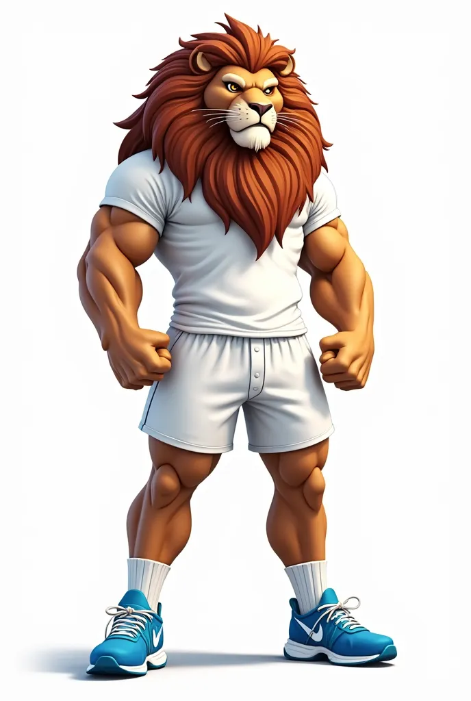 "Create an image mascot lion brown hair, body covered in hair.. The lion is wearing a completely white shirt, white shorts, and white socks. blue running shoe, The lion has an angry expression, standing tall with its fists clenched in a powerful pose, but ...