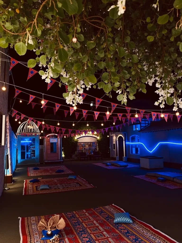 cinematic film still chocolate, chocolate cake,Imagine a nighttime scene in a magical, oriental-inspired setting, with glowing lanterns and soft lights hanging between the leaves. The ground is covered with intricately patterned carpets and colorful cushio...