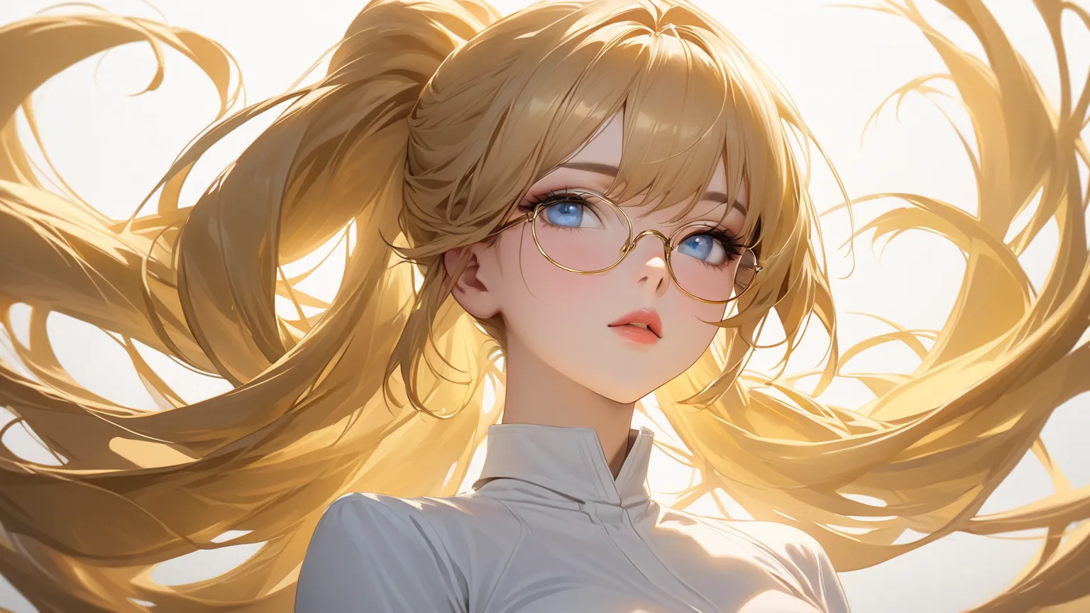 one girl，Big Breasts, golden hair，ponytail， pink scrunchie，white shirt，white background, Blue Eyes、glasses