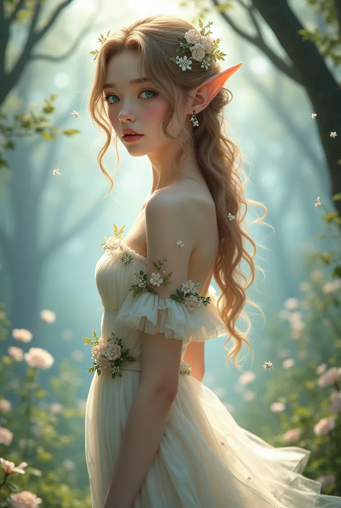 Anime elf girl, light brown hair color, blue eyes, you-style dress 