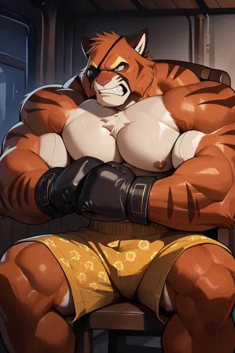 solo, hyper muscular furry (viktor vasco, Viktor[lackadaisy], Viktor Vasko[lackadaisy], black eyepatch, orange fur, orange body, yellow pattern, cream pattern, 1920s styled clothing, stripes, green eyes, large eyebrows, eyebrows, yellow eyebrows.), shorts,...