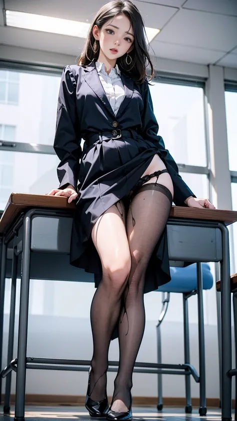 Female teacher who pees at students' graduation、Urinary incontinence、Leaking a lot of pee、  staring at the viewers、 black suit、black miniskirt、pin heels、 white panties、 Perfect Body 、 perfect beauty 、 Japanese elementary school teachers 、A female teacher p...