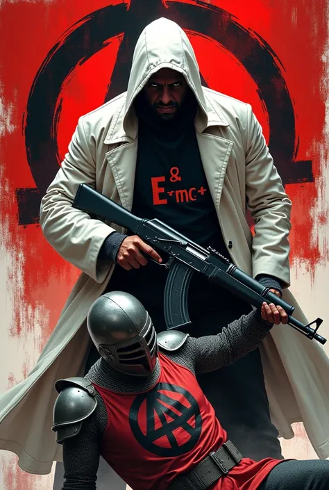 Anarchist scholar, stalker, anarchy flag in the background, wearing a white coat with formula E=mc^2, with ak in hand, defeats a knight with a cross