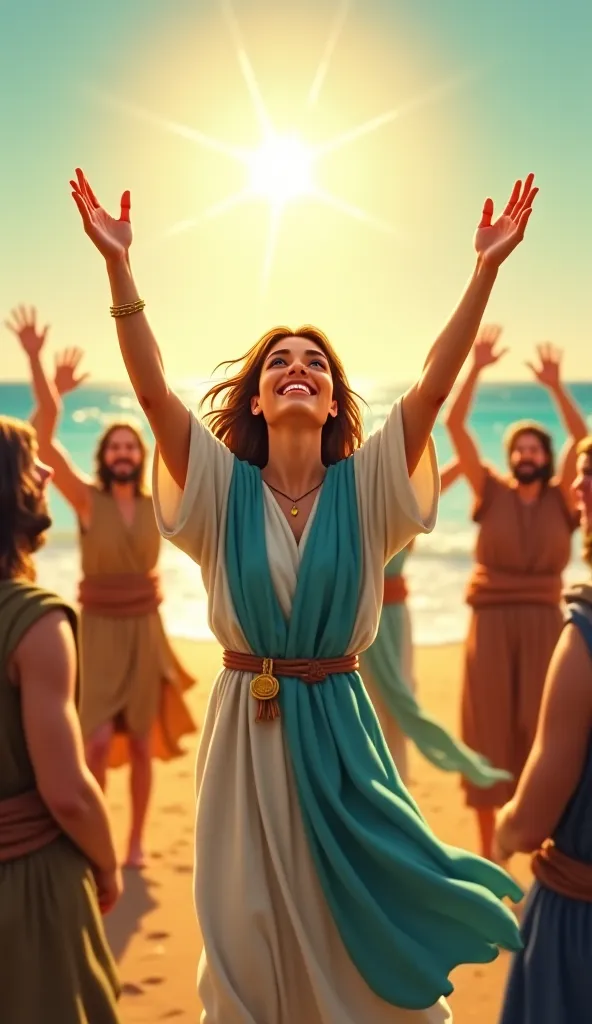 The Israelites celebrate on the shore of the Red Sea, raising their hands to the sky, dancing in circles and playing drums, harps and flutes. Miriam, in the center, leads the party with a golden tambourine, dressed in soft shades of blue and white, her fac...