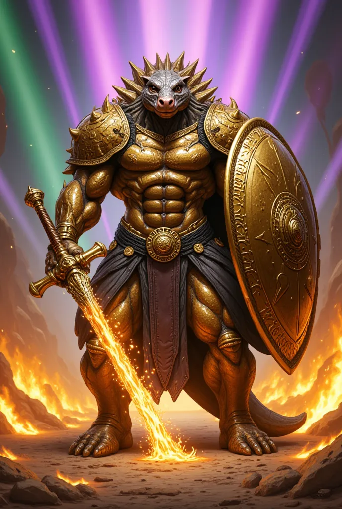 Generate full-body image of a human-shaped armadillo , with a bronze shield , with a fiery sword, And a big gold shield  , Flames coming out of the ground, And rays in the color violet and green