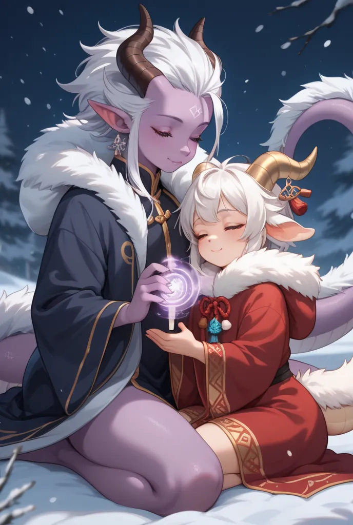 Furry dragon, dragon head, cute dragon, loli dragon, femboy furry dragon, super tall tail, sitting on a folded tail, a tassel at the end of the tail, purple skin, dark blue eyes, long white hair, six pretty while horns on the head, full closed rich dark ro...