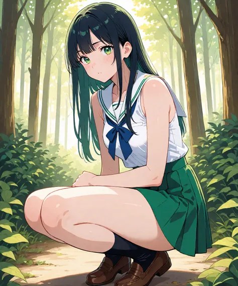 masterpiece, best quality, 1girl, solo, cute face, beautiful sexy anime girl with long black hair & green eyes, wearing a green short skirt & a white sleeveless japanese sailor seifuku shirt, black socks, brown loafers, in an enchanted forest