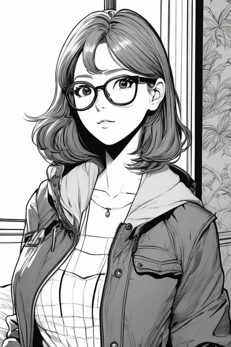 meilleure qualité, anime, portant une veste, grosse poitrine, lunettes, accent mis sur le visage, chambre, manga, (dessin au trait), (monochrome), noir et blanc, (sans couleur)
,dessin au trait, 
,