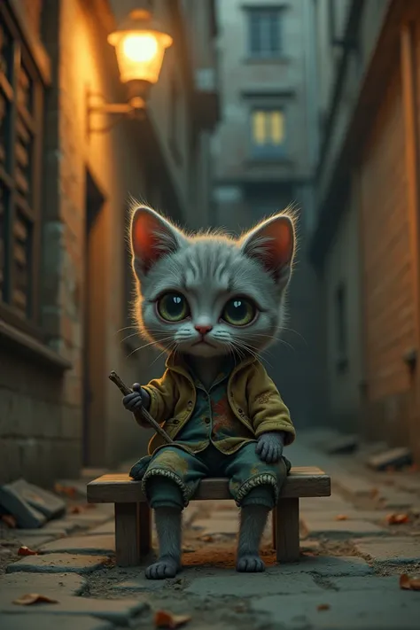 "A hyper-realistic 9:16 vertical image of Juan, a humanoid kitten with soft gray fur and large, expressive green eyes, sitting alone on a small wooden bench in a dimly lit alley. His patched clothes look slightly too big for him, and he clutches a twig in ...