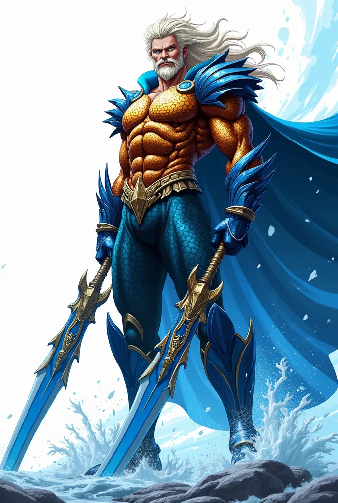 Vector style art, Anime vector style art, Aquaman, in anime vector art, Blue eyes, Heavy Booster light armor, mid action pose, Holding Blue and gold great blades, His cape is moving epically and the cape is made of galaxy color and flame, 4K Anime render, ...