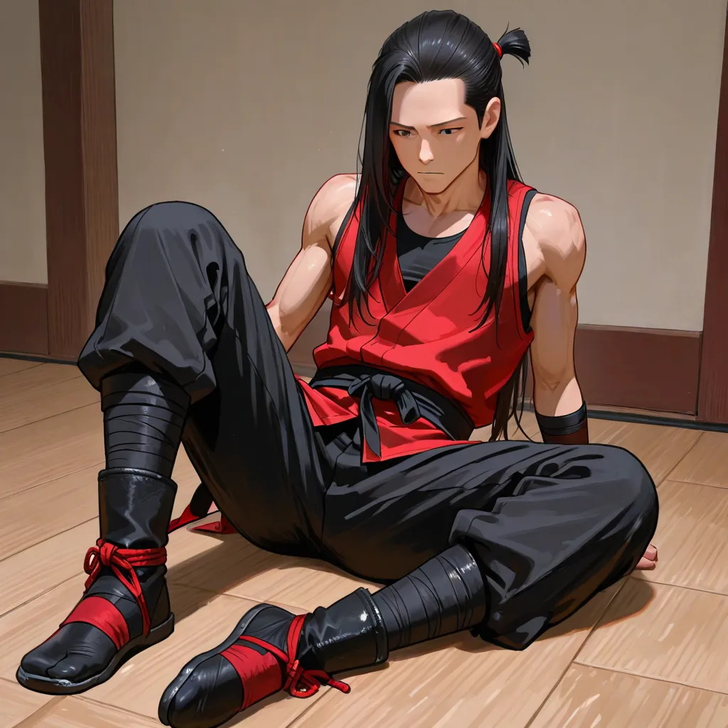 A male ninja, with the hair above the short ear,in red ninja clothing,com u ninja in red ninja clothing,tank top with black pants, With long hair tie your feet, no bangs, wearing a black contoured boot, On a floor