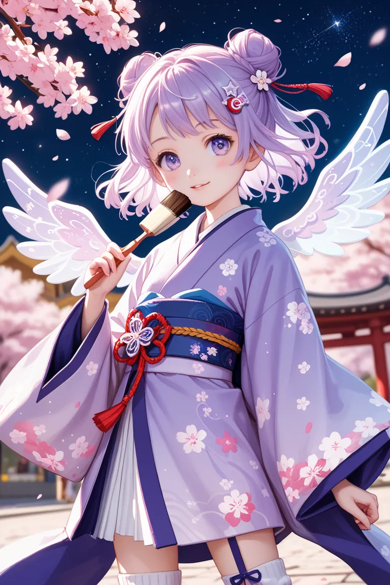 ((Landscape:0.8)), anime style, (long pale cherry blossom colored hair), beautiful hairpin with cherry blossom motif, hair in a bun, (large cherry blossom colored eyes), kimono, March, Girls' Festival, 🌸,tenshi kawaii, pastel colors, high saturation, satua...