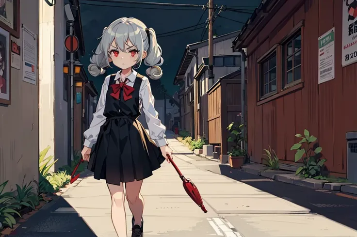 Young girl with grey hair, ((fringed and curly hair)),((curly short twintail)), curly hair ,(red eyes),, ((small bushy eyebrows)), wearing gothic lolita clothing, lolicon , to school, bored eyes, bored face , walking to school, , showing pussy