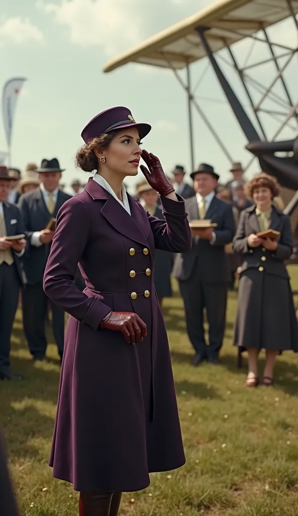 "A hyperrealistic, cinematic image of Harriet Quimby confidently standing next to her Blériot XI, , addressing an anxious crowd of journalists and supporters of aviation after becoming the first woman to fly across the English Channel. She wears her dark p...