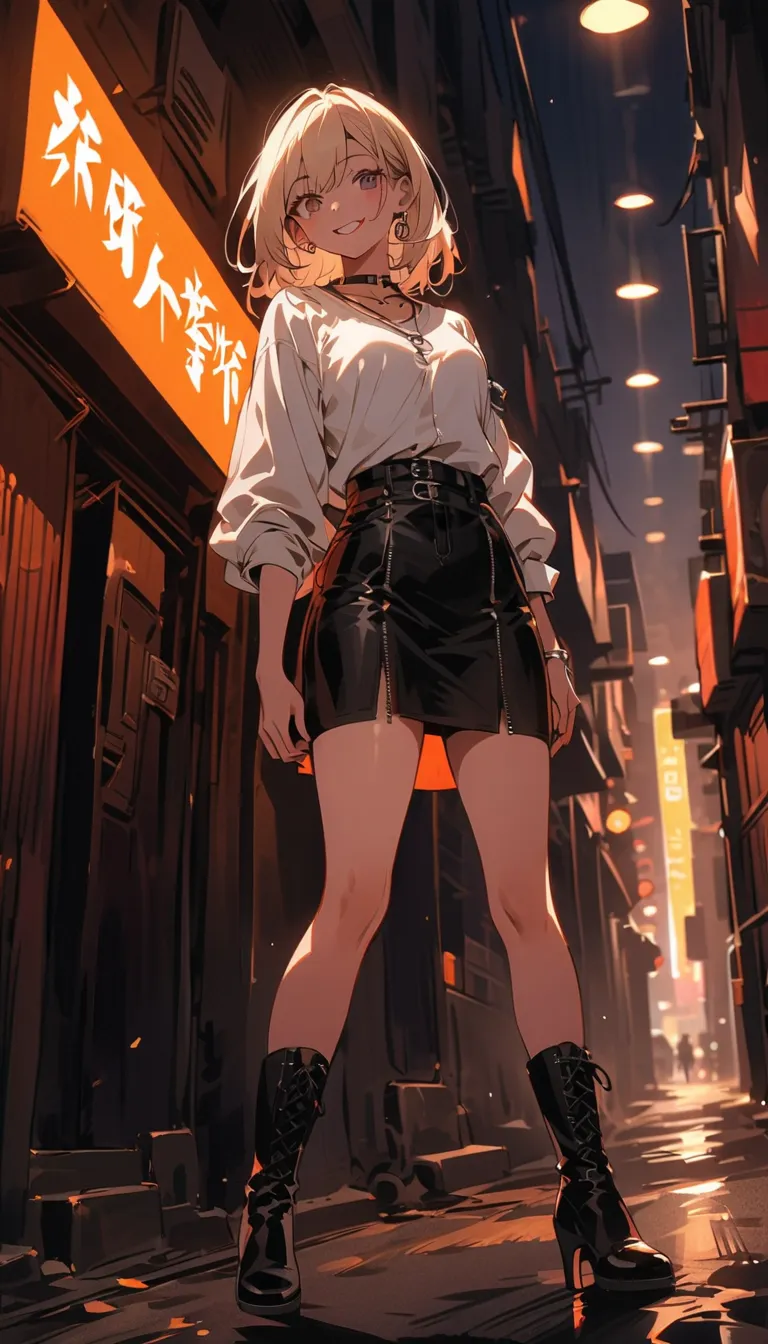 Beauty　smile　lipstick　　White shirt　Roll up your sleeves　Tight skirt　High heel boots　stand　Neon city at night　In the shade　Cyberpunk　Back Alley　Shooting from below