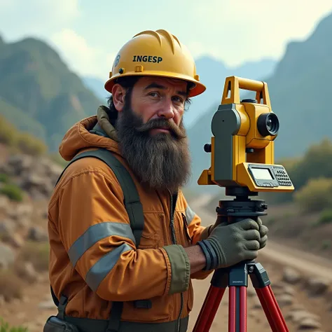 civil engineer Joben with beard carrying out a topographic survey with total station, It must be looking to the left side on the helmet it must have the name INGESP