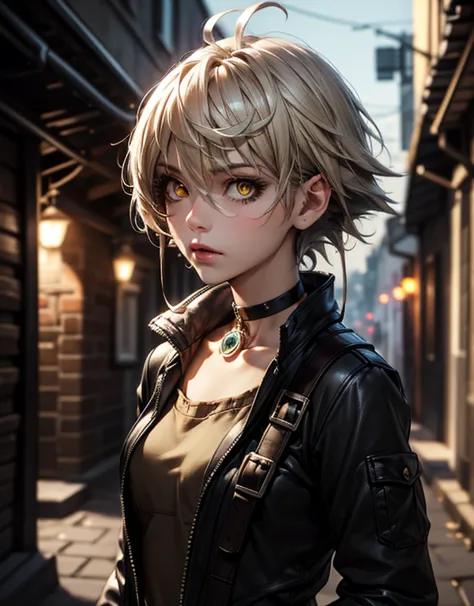 masterpiece, Highest quality, Perfect Face, Highest Resolution, Highest quality,Detailed depiction of the eyes, 1 girl, young, deep tan skin, slate gray hair, short hair, upturned eyes, Yellow Orange eyes, Perfect Anatomy, steampunk, ribbon choker, coveral...