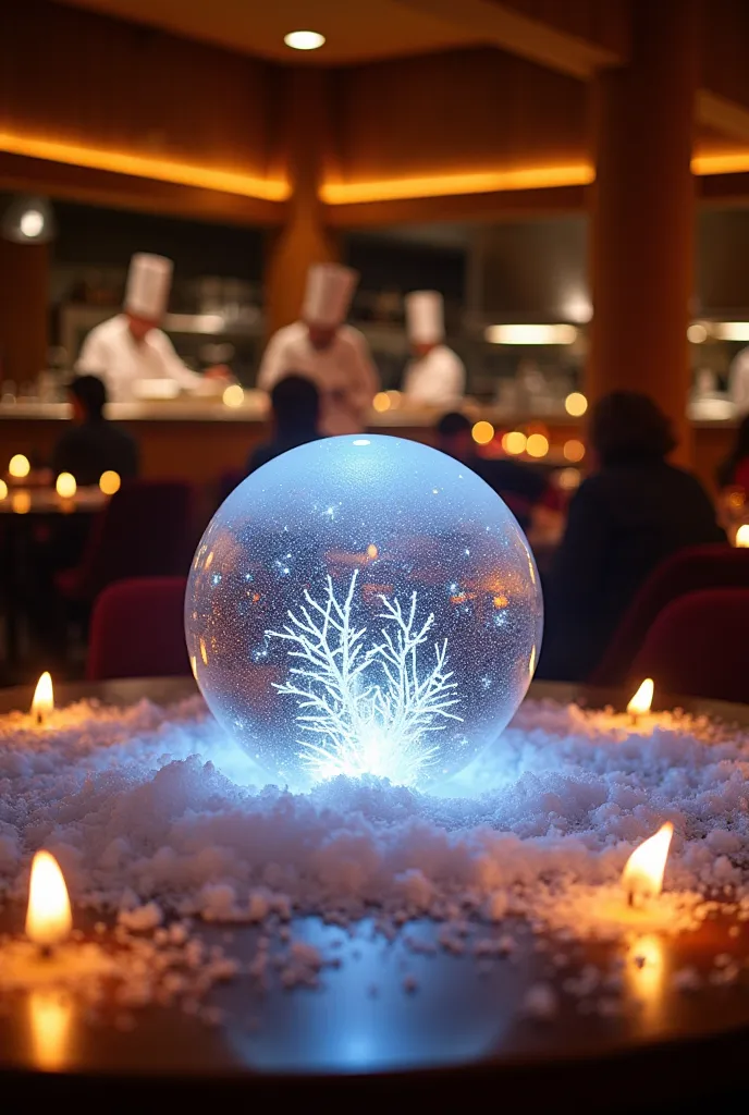 Un restaurant élégant avec des tables en bois sombre et des lumières tamisées. Au centre de la scène, une boule de neige scintillante flottante, entourée de flammes dansantes. La glace de la boule de neige est translucide, révélant des cristaux brillants à...