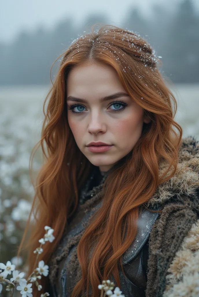 2 Viking warrior girls,1 brunette and 1 red hair,fur coat,snowing,facing viewer,medieval armour,Walking through field of flowers,heavy snow,Natalie dormer, Ethereal,Portrait,Closeup, portrait,girl posing,Closeup candid photo,Hailee steinfeld  and Maddison ...