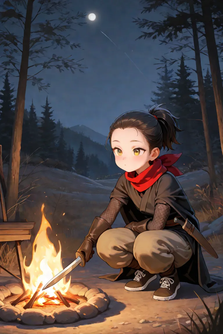 Femboy, male, adult, 18 years old, black hair, dark brown eyes, Asian, petite, large black cloak, heavy gloves, cute, running shoes, medieval, red scarf, ponytail, pulled back hair, short hair, ninja, dagger on waist, saggy pants, posing in Forrest, nightt...