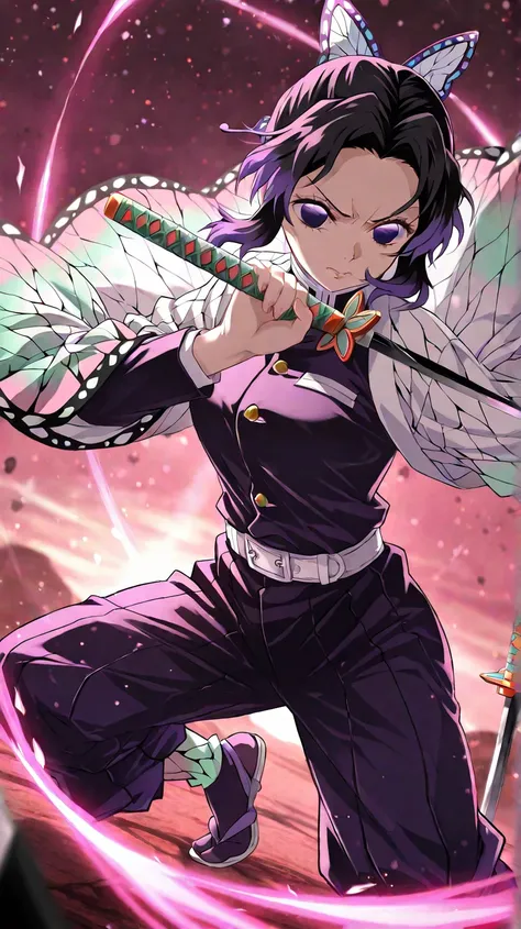 {kochou shinobu},{kimetsu no yaiba},Detailedparticles, depth_of_field, high resolution, high quality, ,uniform, sexy,, high quality, high resolution olution, detailed image, beautiful girl, beautiful to the eye,   , battle pose, solo,，，Get angry，side angle...