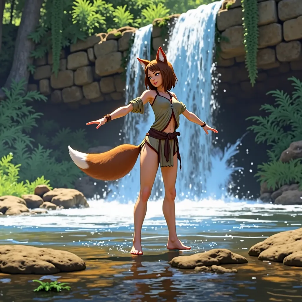 Zwiwer's realistic fantasy woman gracefully approaches a waterfall in a seductive pose, her movements fluid and subtle. She stands at the edge of the waterfall, joyfully reaching out her hands and splashing the water. Then, she immerses herself in the rive...