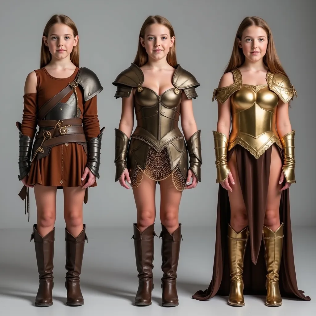 The same young girl is standing exactly full-length in an image in three different outfits, 1 type - robber leather armor, leather brown corset and leather miniskirt, brown heeled boots, shoulder pads, 2 type - bronze knight armor, bronze corset, бронзовые...