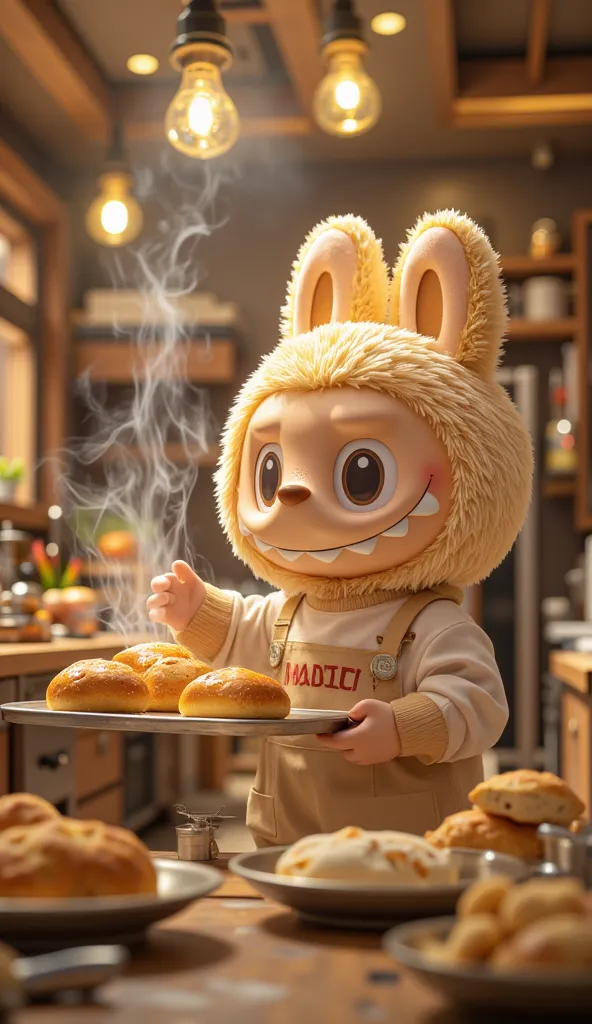 Labubu, wearing a cute outfit with "MADECI" on the shirt, is inside a tiny, cozy kitchen, baking bread. A warm, golden glow fills the space as miniature steam rises. Labubu holds a tray of freshly baked bread while smiling happily.