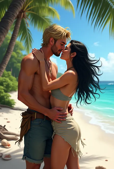 Make me a picture with a background of a castaway with a blond man with blue eyes and a woman with blue eyes and black hair kissing