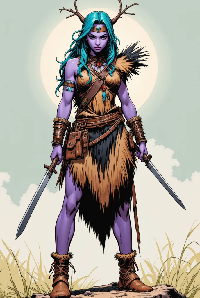 In a dramatic comic book style Illustrate a female warrior with pale purple skin and aqua blue hair and black eyes. She has small twigs growing out of her hair like small horns. She wears native American clothing, animal skin dress with tassels and beads, ...