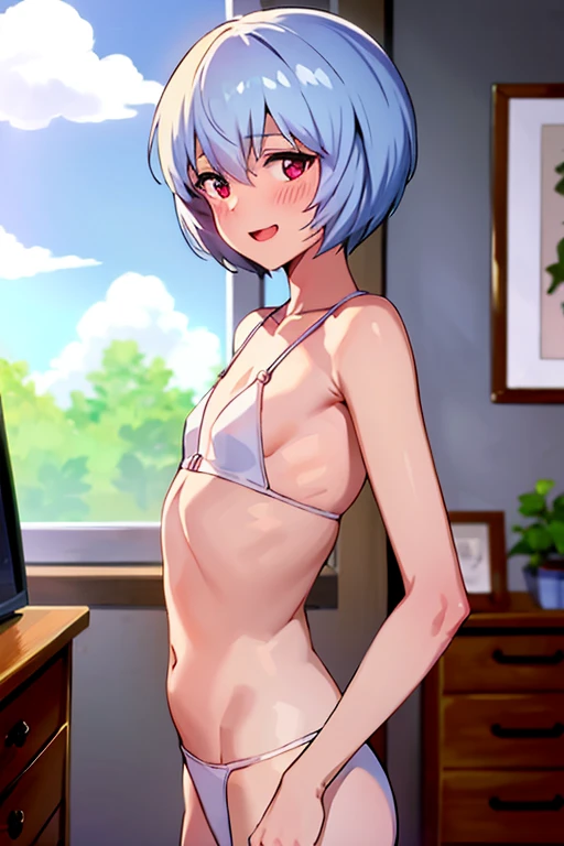 ((Best Quality)), ((masterpiece)), (be familiar with), perfect face, indoors, bedroom, watching viewers,
One woman, Rei Ayanami,
open mouth, steam clouds drift, blush, smile,
 small tits, flat chest, Young girl,  lori,  ,  girl,
Short Hair, short hair,
 op...