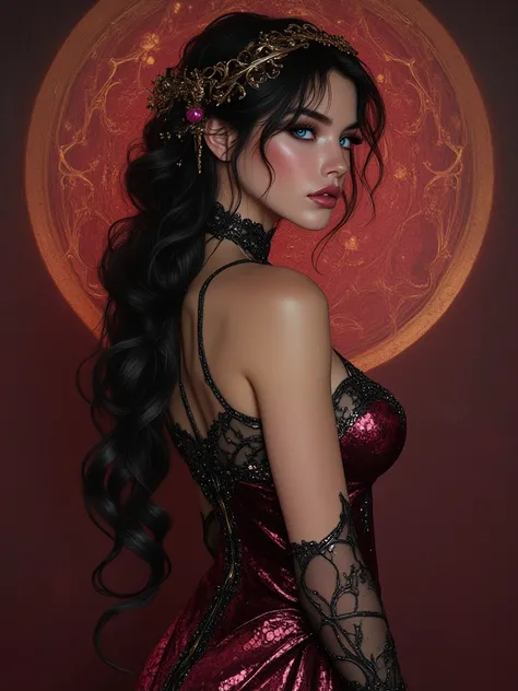 oil painting hyperrealistic fantasy, Beautiful 25-year-old Russian FAIRY with Russian features, Very long and perfectly wavy jet black hair, sapphire blue eyes, shiny reddish lip gloss, white skin de porcelana como muñeca,  pink cheeks, A burgundy velvet d...