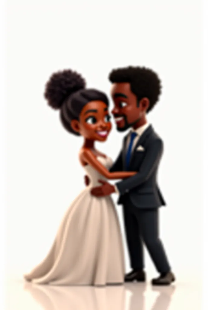 Animated image on white background of an engaged couple with afro-haired bridal bun, white groom with medium curly black hair with black suit and navy blue tie