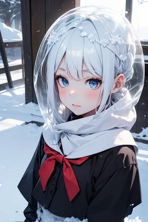 junior schoolgirl with a white face. completely made of ice. transparent face. salt crystals on the head. clothes made from snowflakes and snow