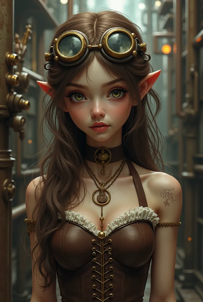 Now create a slender girl with brown hair, rebellious and innocent face, steampunk style, she changes her clothes for something looser.