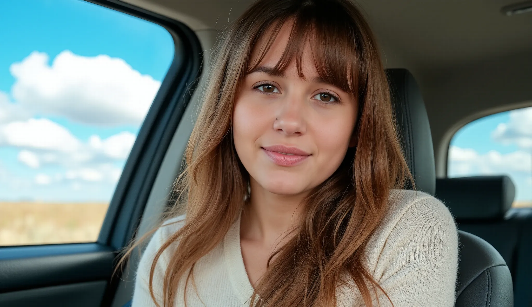 "Create a natural and casual portrait of a 35-year-old sing under the sain’s seat of a car. She has long, light brown hair with soft waves and curtain bangs that frame her face beautifully. Her makeup is minimal, with a subtle pink lip and glowing complexi...