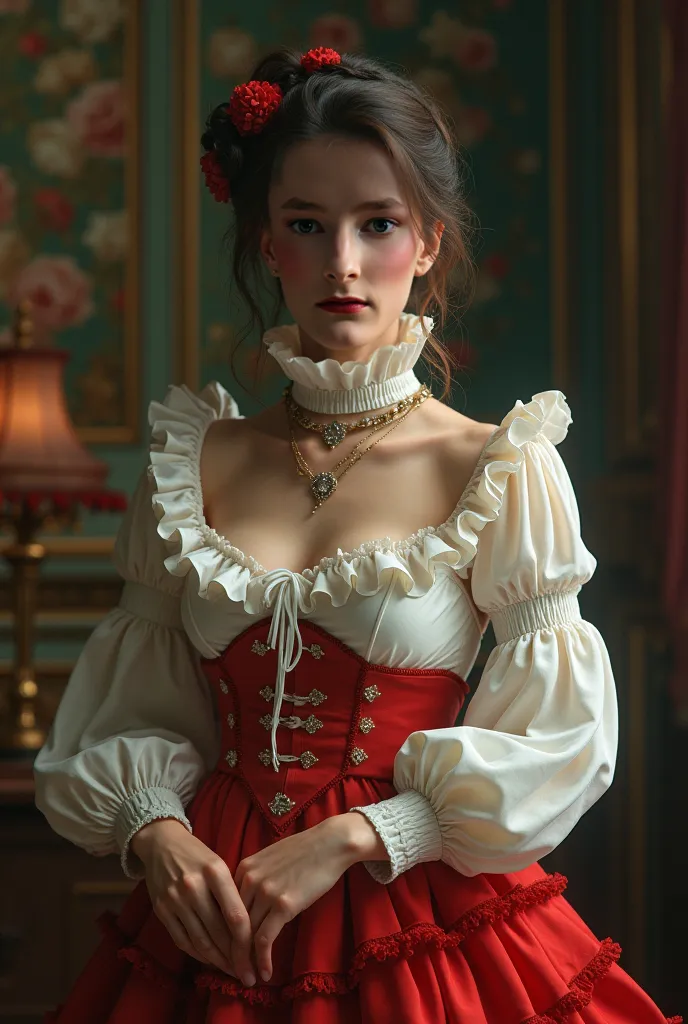 beautiful cross dressing sexy clothes petite man 19 year old, detailed facial features, youthful expression, elegant posture, delicate hands, ruffled clothing, high quality, intricate details, vivid colors, dramatic lighting, cinematic atmosphere, fantasy ...