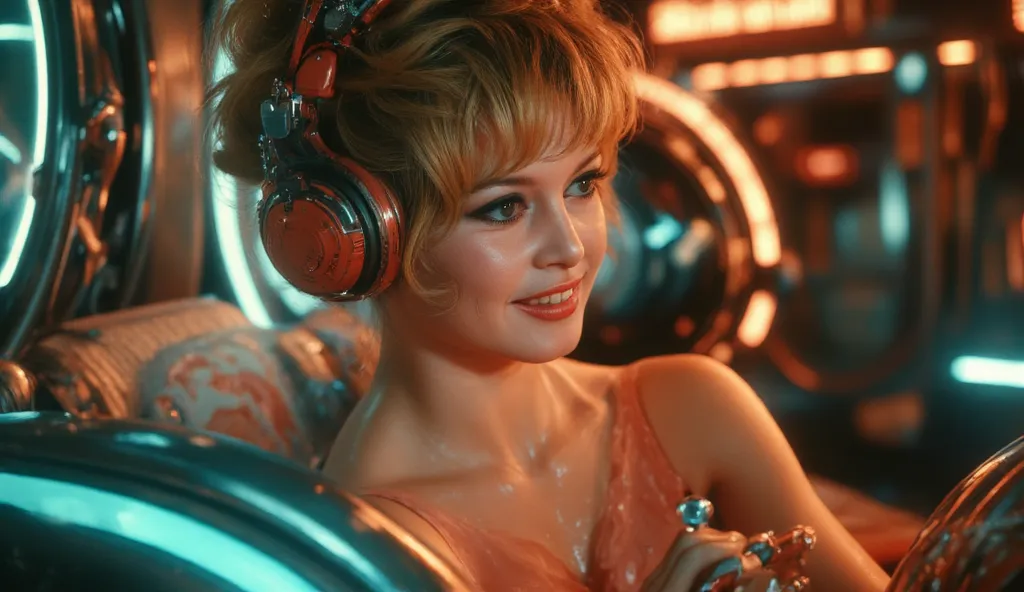 beautiful sexy woman smiling 1950's style in a dancing retro futurism decor