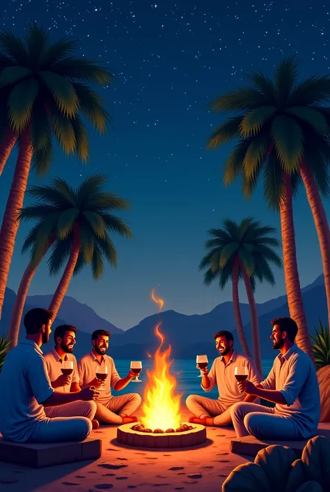 It is an oasis under a starry sky, a fire burning in the middle. Men sit around the glasses, filled with wine and laughs are rising