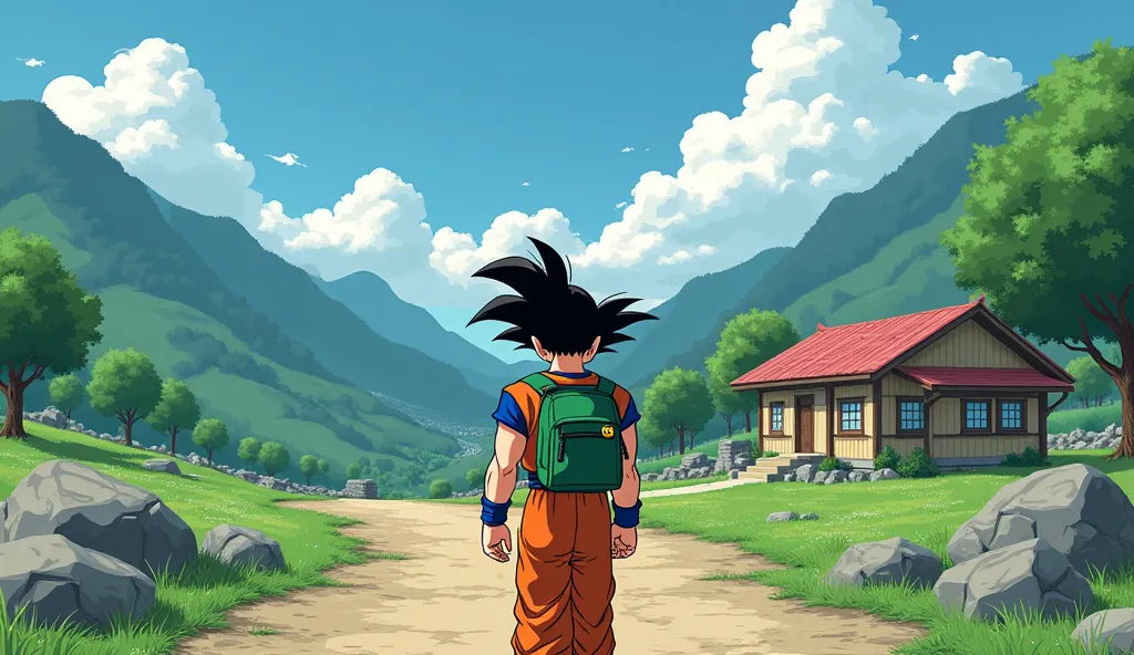 Reference seed: 2046425546. imagine an image with  son Goku, with his classic clothes and a green backpack on his back, is walking to the house where she lived in episode 1 of the first saga, What can be seen in the background about 30 meters, Around it se...