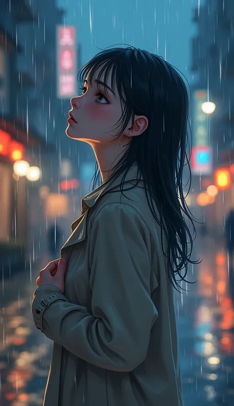 A deeply emotional anime-style illustration of a 23-year-old woman standing alone in the rain, her face tilted upward as tears mix with raindrops. She wears a light trench coat, her hands clutching the fabric tightly near her heart. The city lights shimmer...