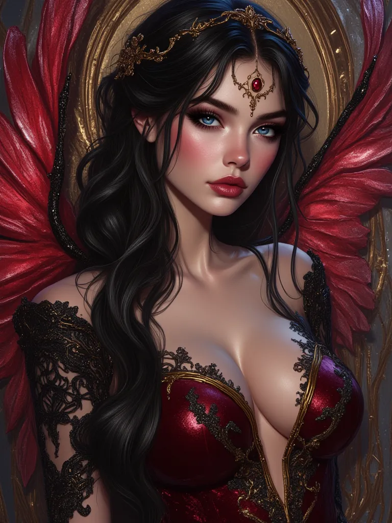 oil painting hyperrealistic fantasy, beautiful 25-year-old Russian FAIRY with Russian features, Very long and perfectly wavy jet black hair, sapphire blue eyes, shiny reddish lip gloss, white skin de porcelana como muñeca,  pink cheeks, A burgundy velvet d...