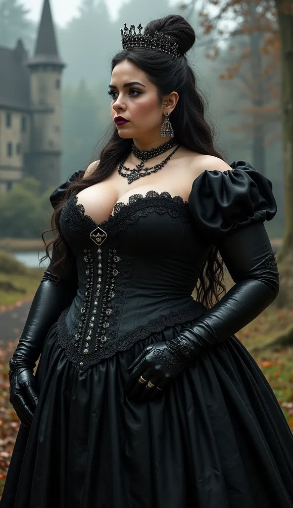 Gothic queen, voluptuous, plump hourglass body, medieval, corset, short tight and seductive