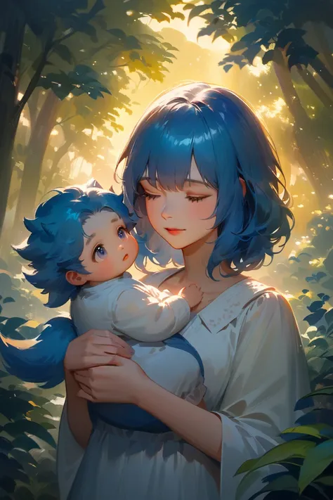 Blue-haired half-wolf girl carrying an anime baby