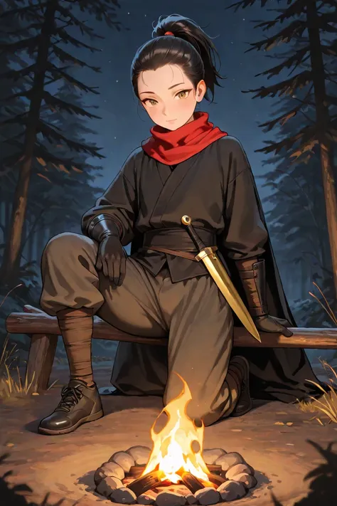 Femboy, male, adult, 18 years old, black hair, dark brown eyes, Asian, petite, large black cloak, heavy gloves, cute, running shoes, medieval, red scarf, ponytail, pulled back hair, short hair, ninja, dagger on waist, saggy pants, posing in Forrest, nightt...