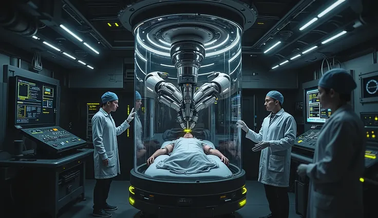 Close-up of an urn for curing diseases in the future, scanner and touch panels, with a stretcher where there is a person lying down and the transparent glass urn, with robotic arms inside for operations, super technological and futuristic, holograms, in a ...