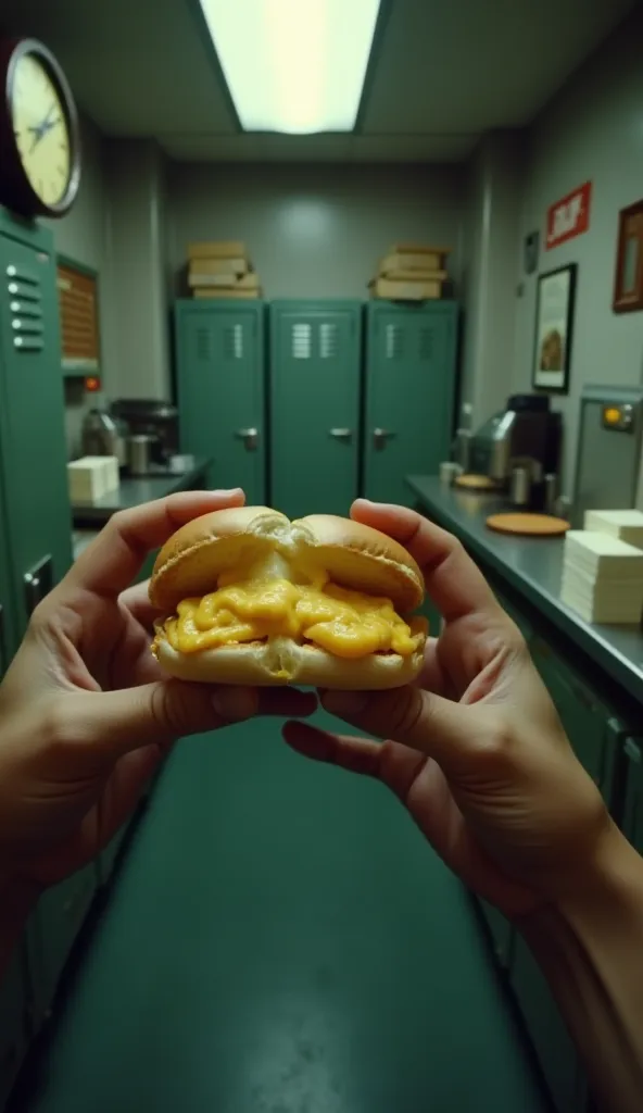 "First-person perspective of hands holding a scrambled egg sandwich in a dimly lit fast-food kitchen. The sandwich looks slightly messy, with gooey cheese stretching as it's pulled apart. The background features old lockers, stacks of paper receipts, and a...